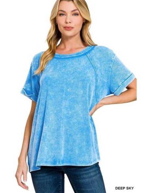 Zenana Outfitters Tops - Zenana Washed‎ Ribbed Cuffed Short Sleeve Round Neck Top